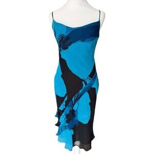 Vtg Express 90s Y2K Silk Slip Dress Ruffle Asymmetric Dark Fairy Midi Sz 2 Blue